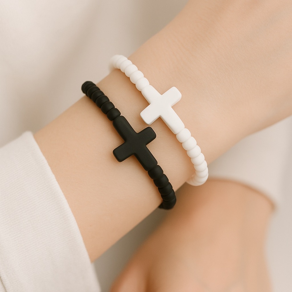 8–Pack Black & White Jesus Cross Bracelets XS Silicone Faith Christian Jewelry